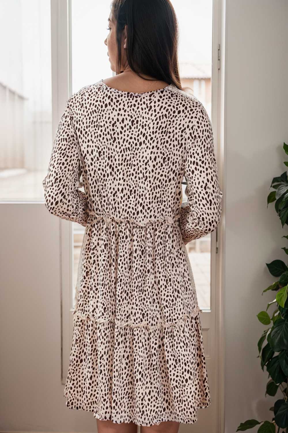 loose leopard print v neck dress drop shoulder a line closed cape paneled 115581