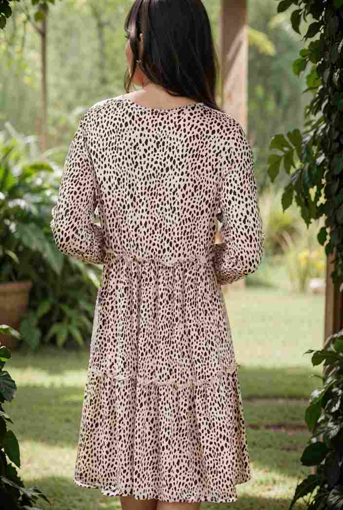 loose leopard print v neck dress drop shoulder a line closed cape paneled 131191