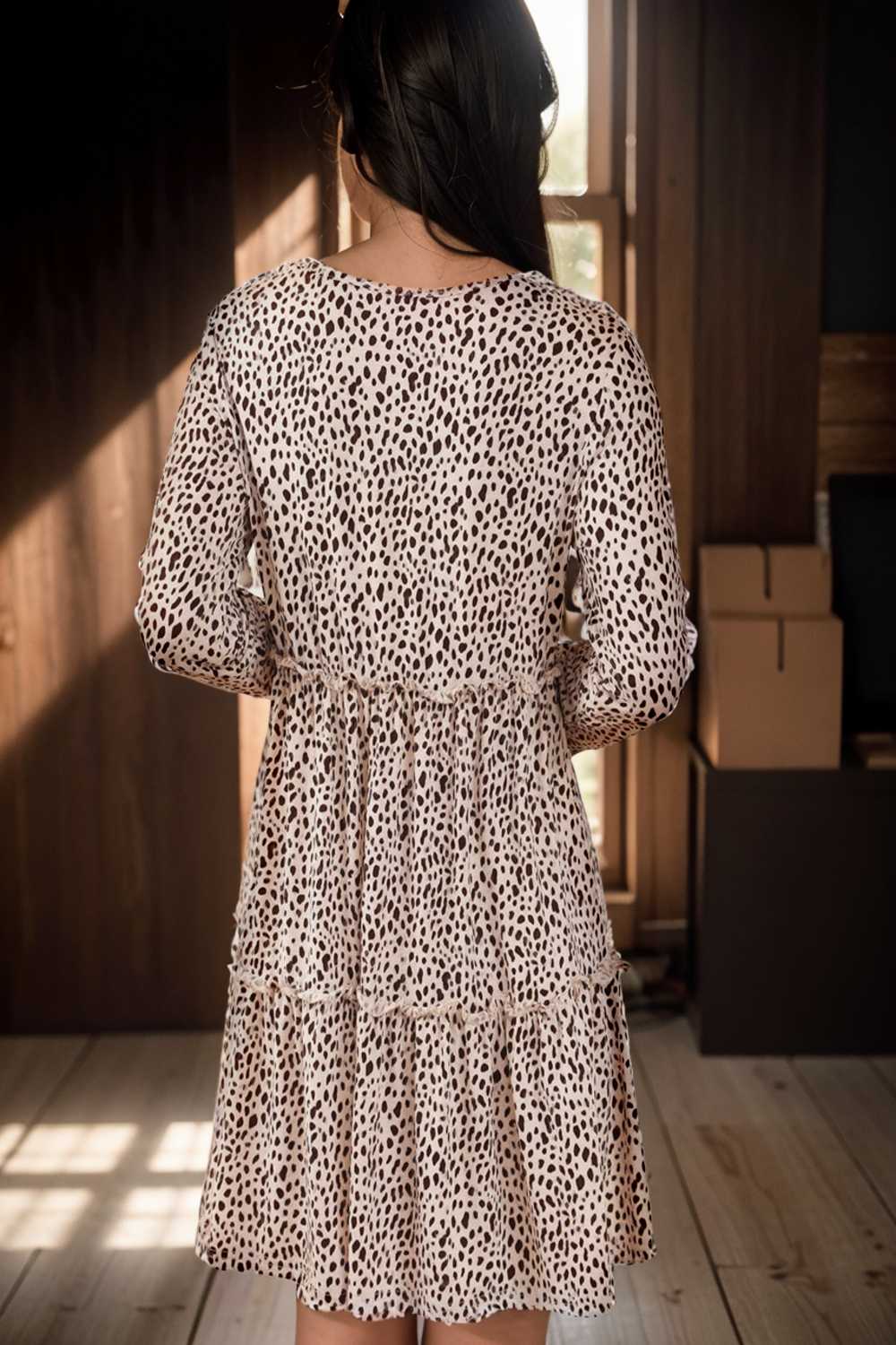 loose leopard print v neck dress drop shoulder a line closed cape paneled 115580