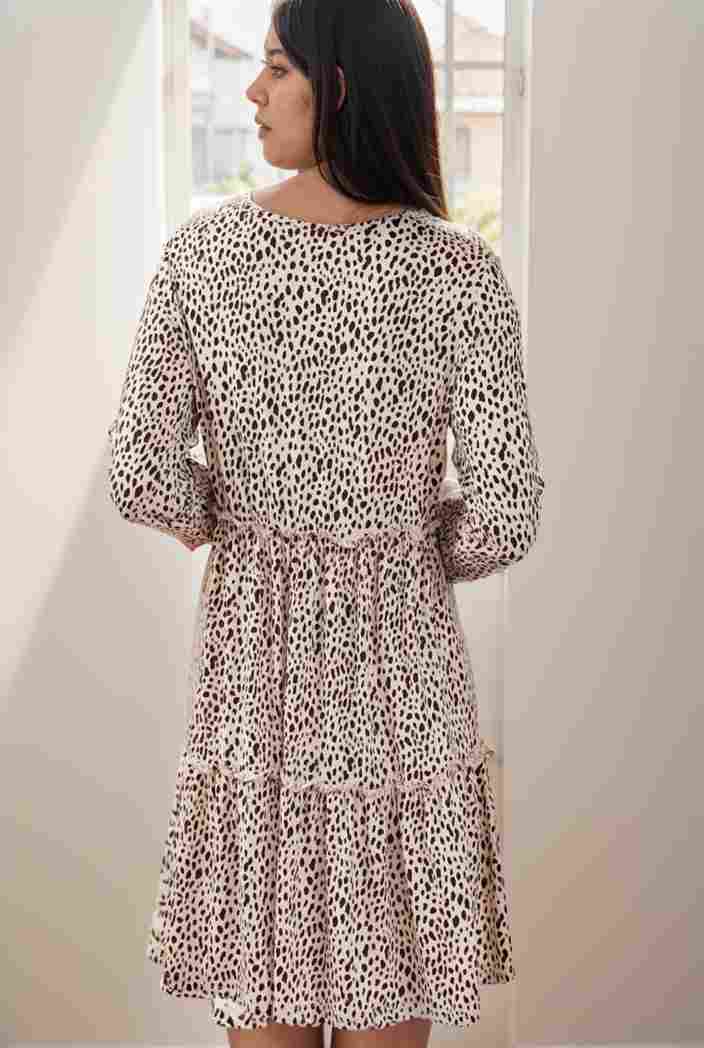 loose leopard print v neck dress drop shoulder a line closed cape paneled 118814