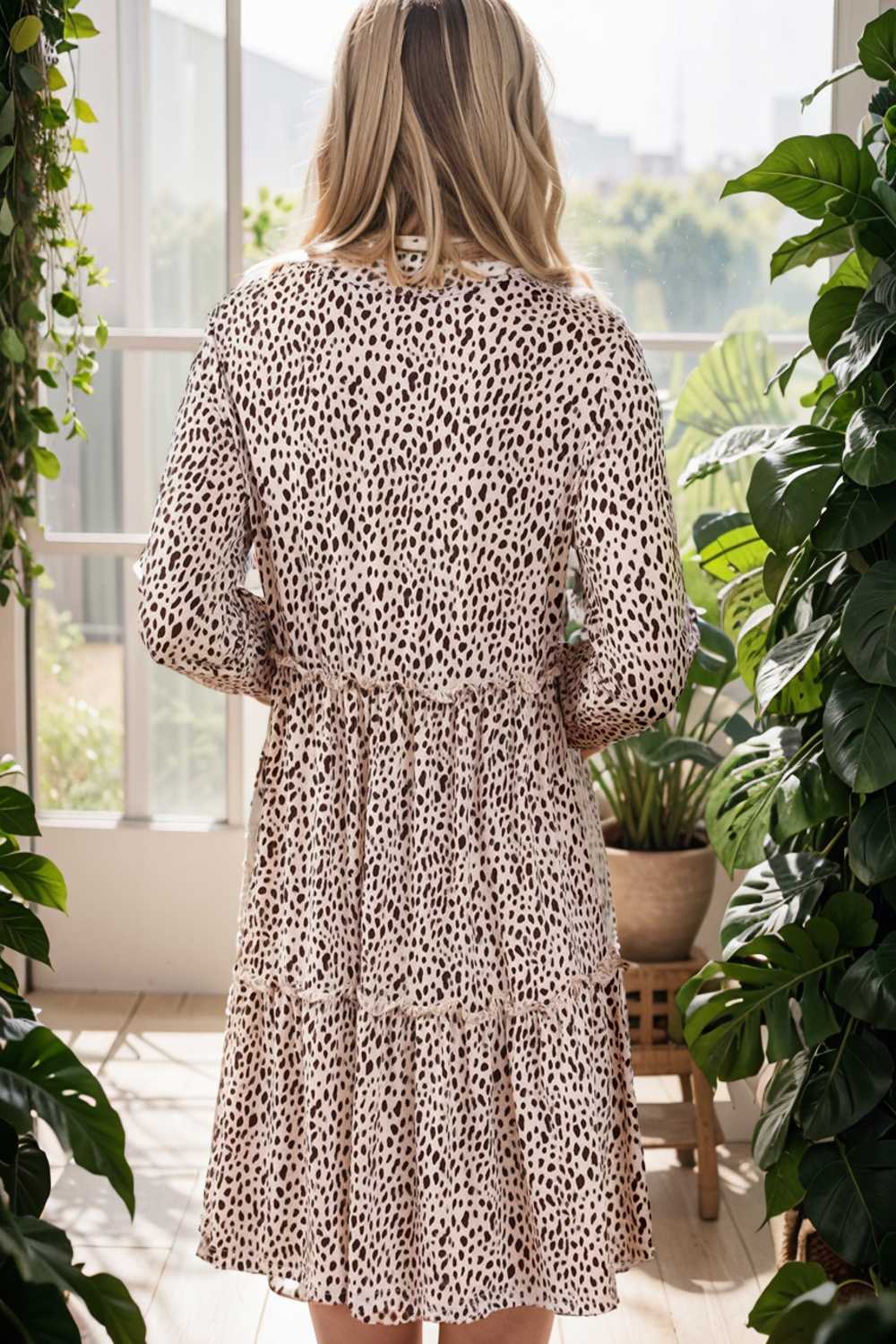 loose leopard print v neck dress drop shoulder a line closed cape paneled 133198