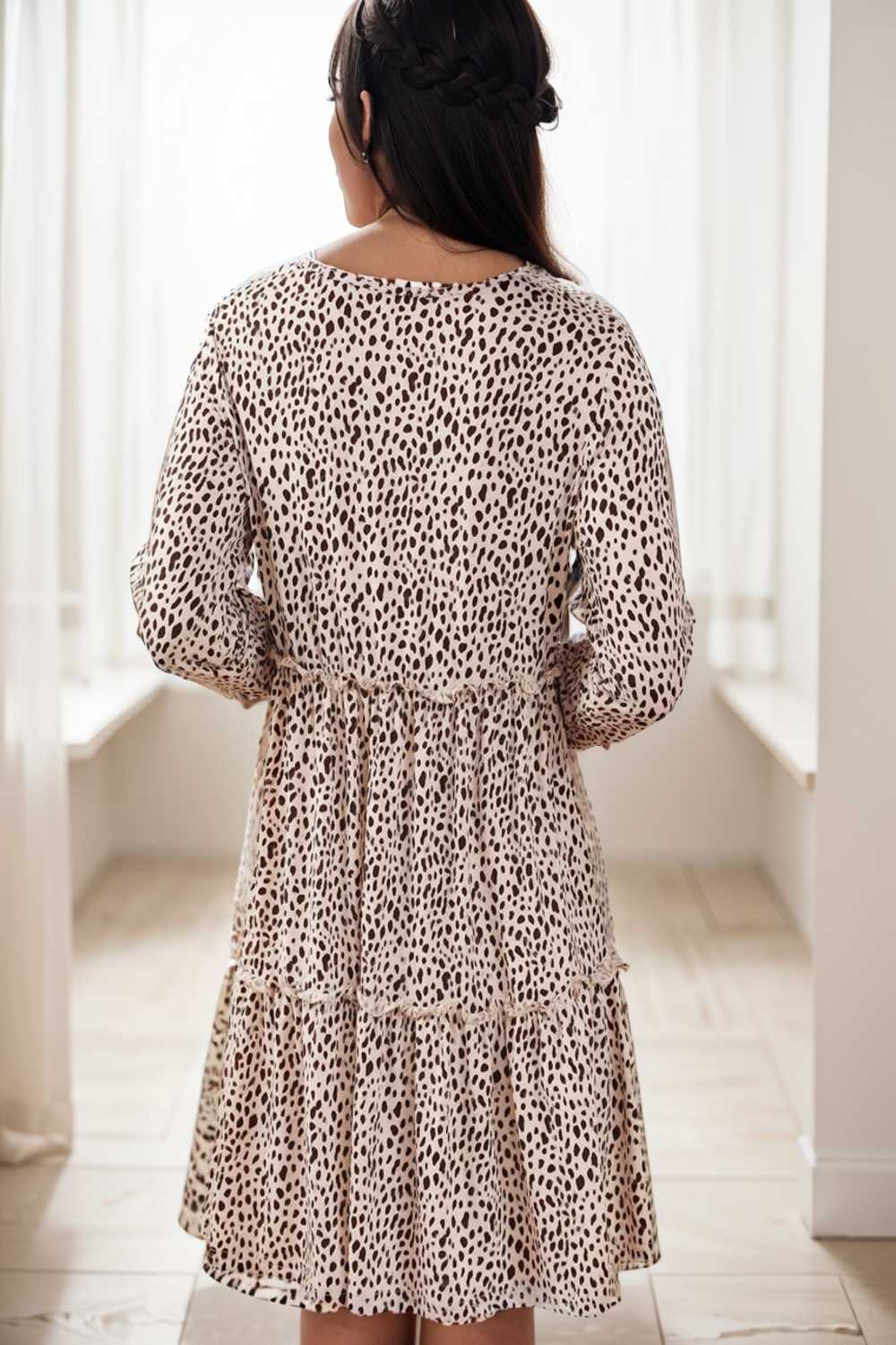 loose leopard print v neck dress drop shoulder a line closed cape paneled 127559