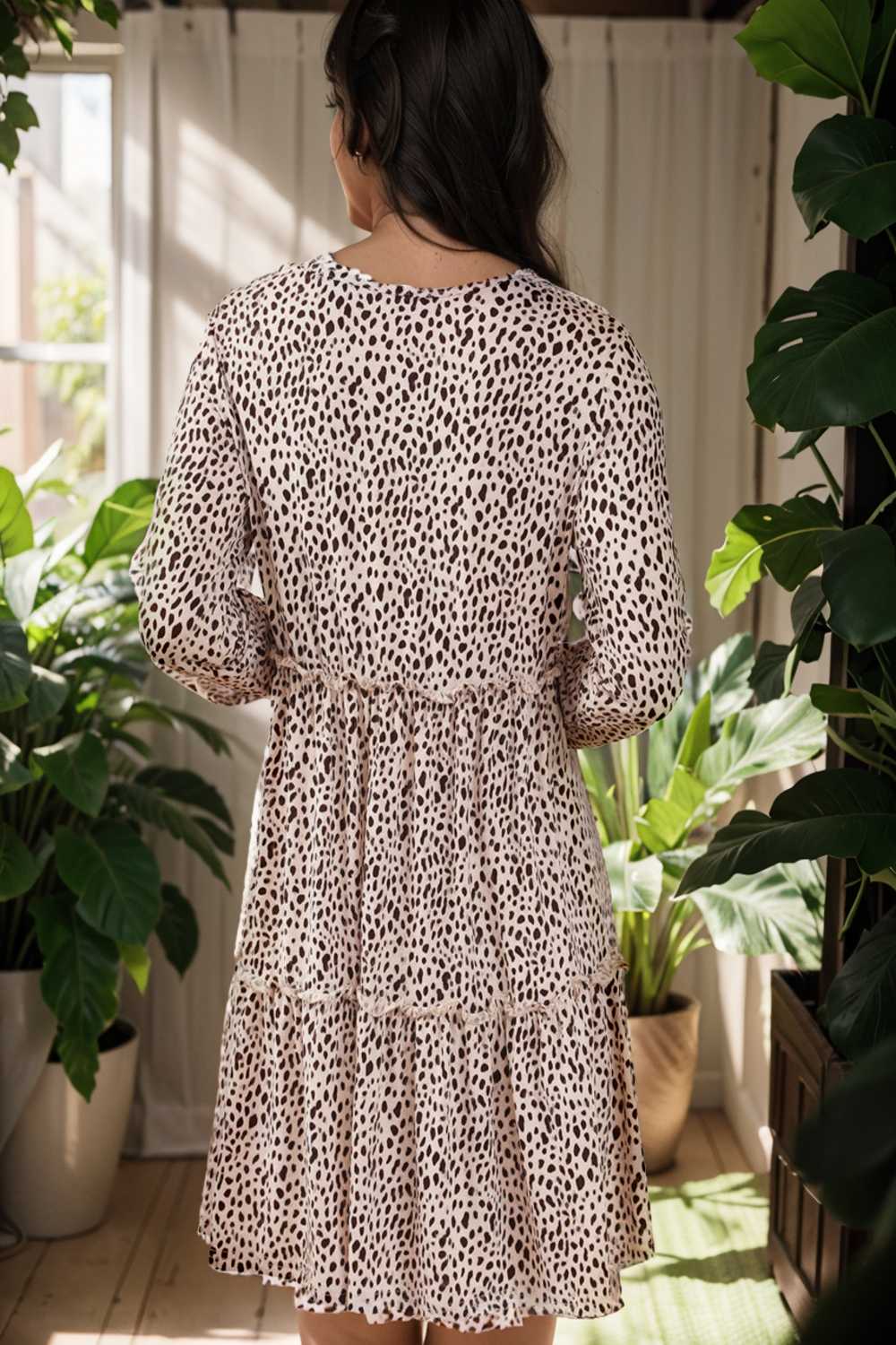 loose leopard print v neck dress drop shoulder a line closed cape paneled 133197