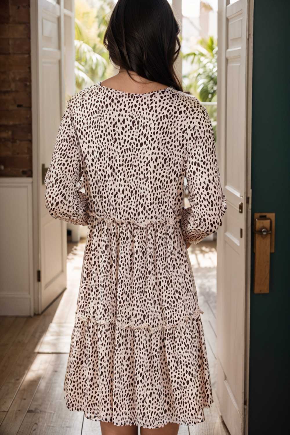 loose leopard print v neck dress drop shoulder a line closed cape paneled 115579