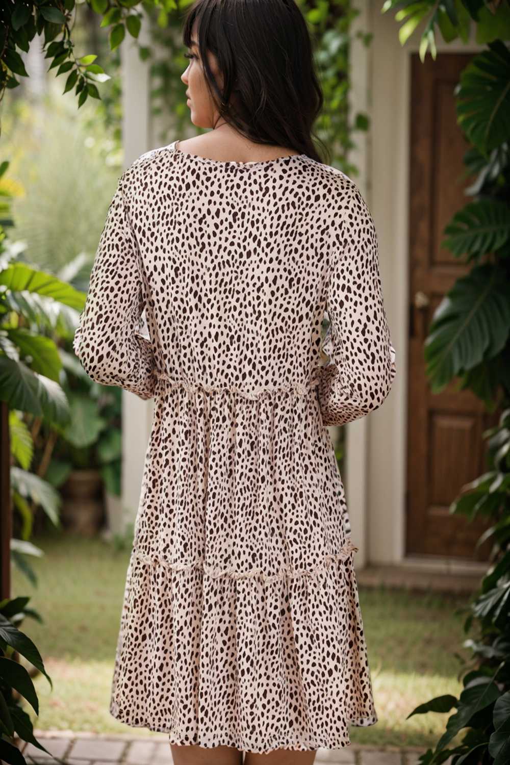 loose leopard print v neck dress drop shoulder a line closed cape paneled 133196