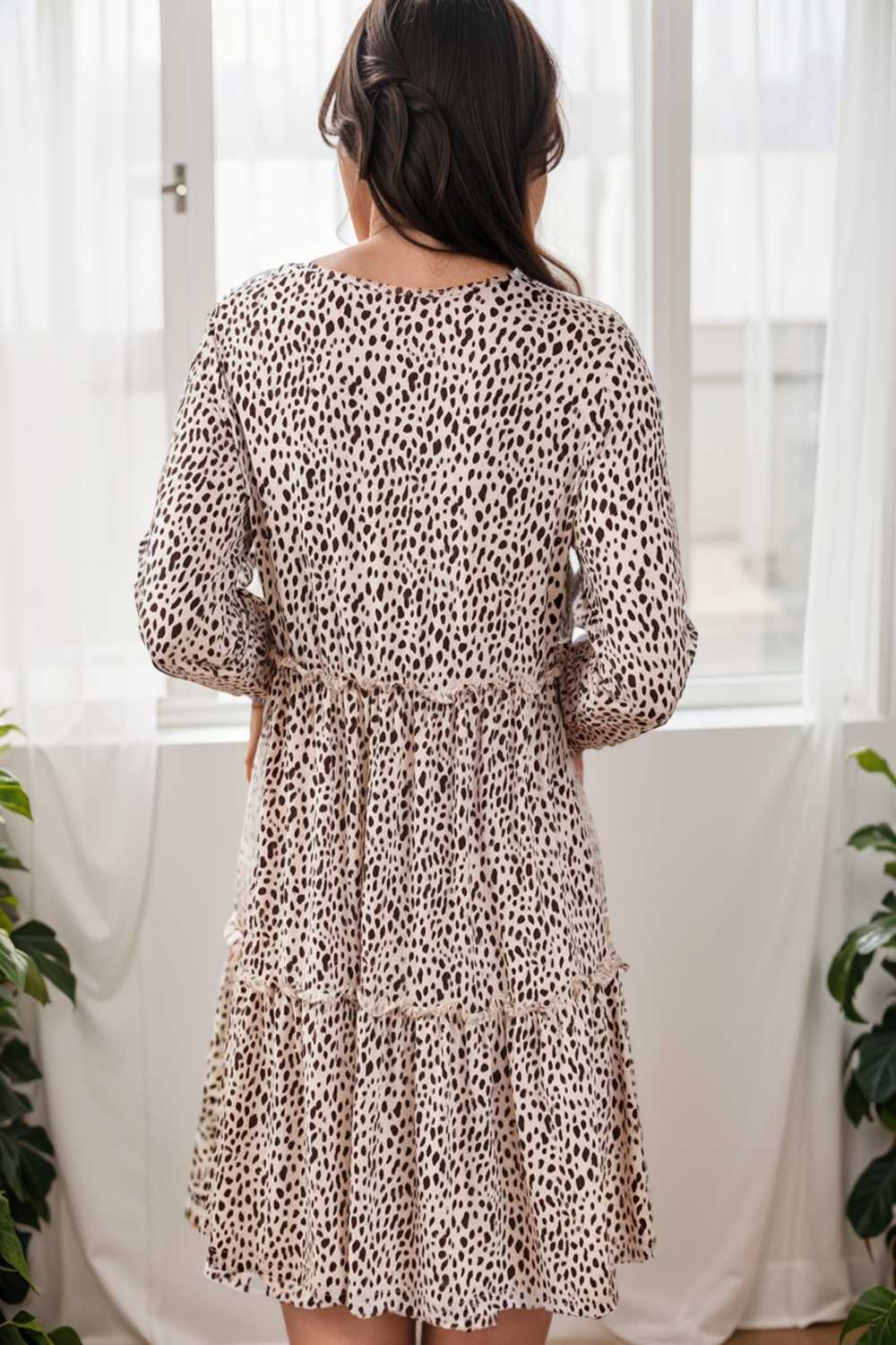 loose leopard print v neck dress drop shoulder a line closed cape paneled 127557