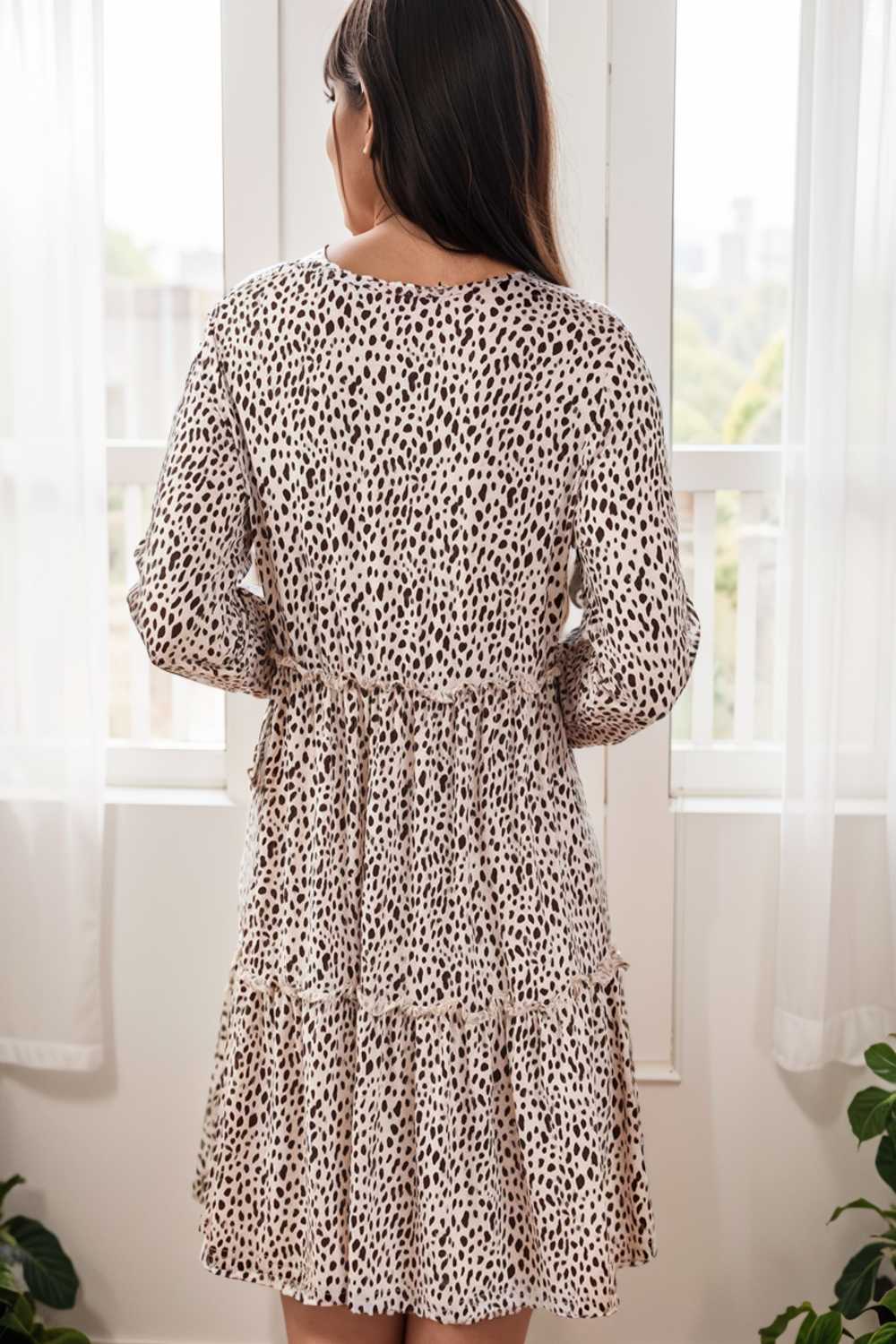 loose leopard print v neck dress drop shoulder a line closed cape paneled 127185