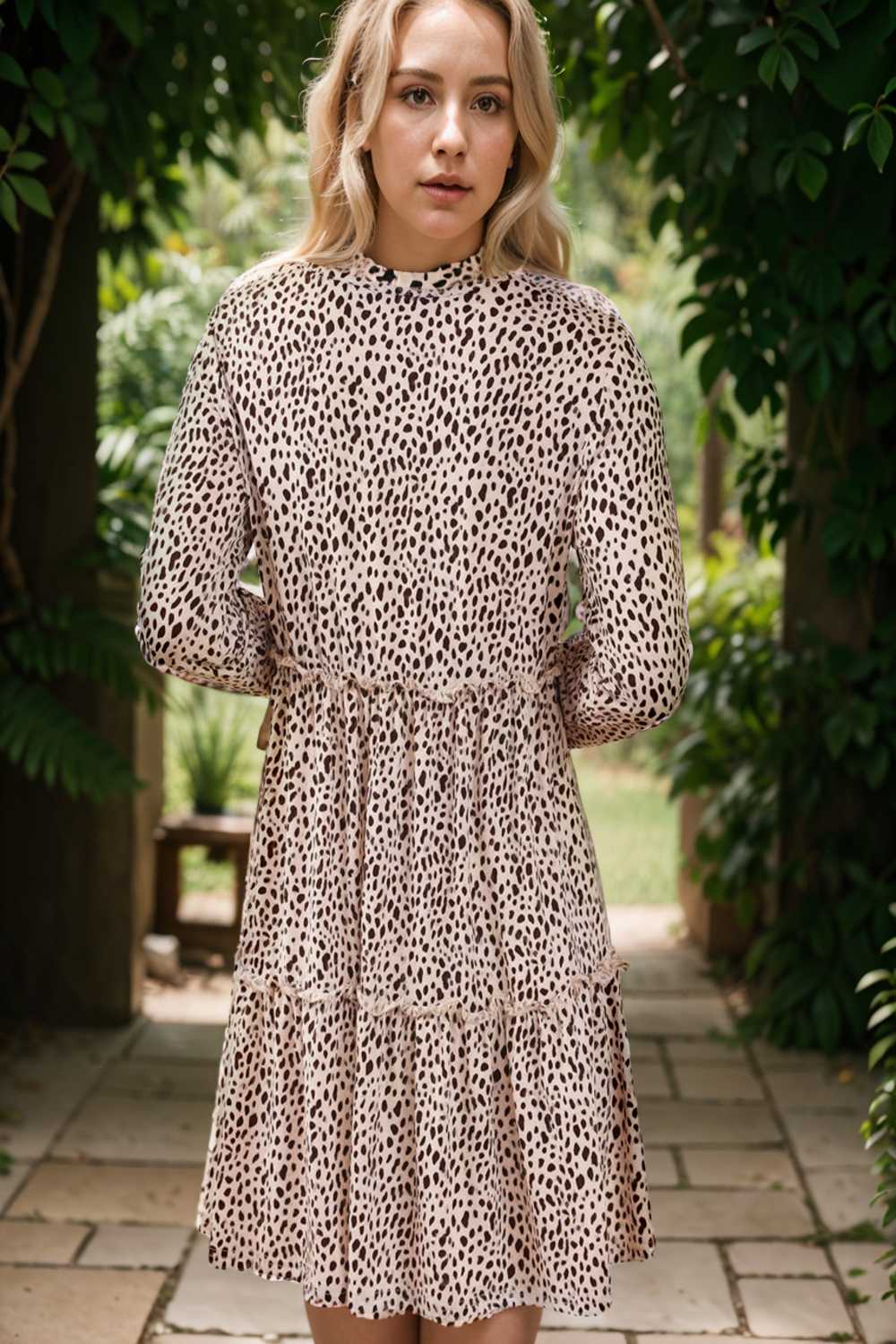 loose leopard print v neck dress drop shoulder a line closed cape paneled 127556