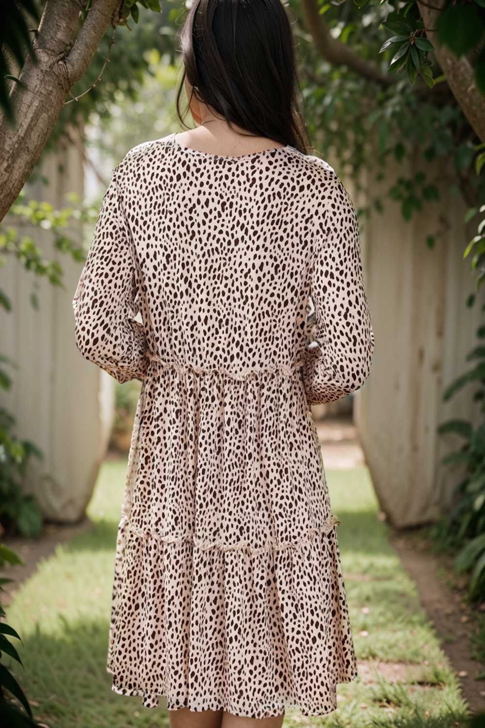 loose leopard print v neck dress drop shoulder a line closed cape paneled 127555