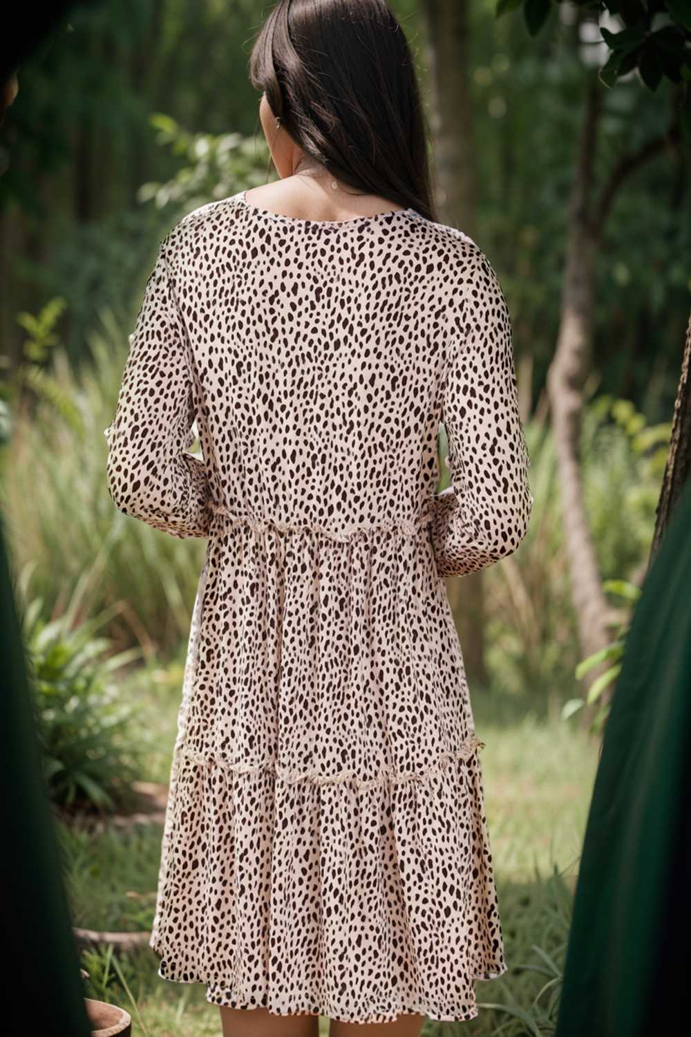 loose leopard print v neck dress drop shoulder a line closed cape paneled 133194