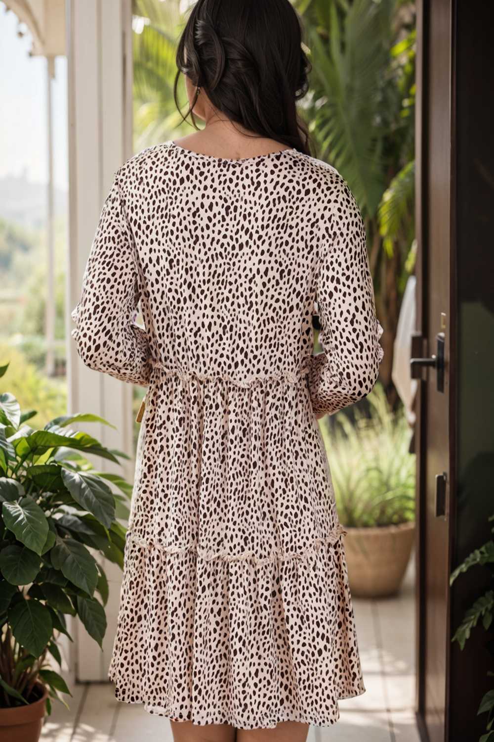 loose leopard print v neck dress drop shoulder a line closed cape paneled 115576