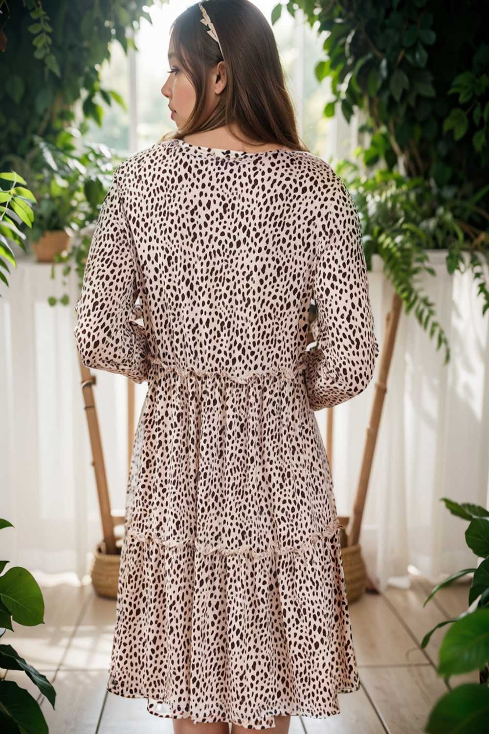 loose leopard print v neck dress drop shoulder a line closed cape paneled 127184