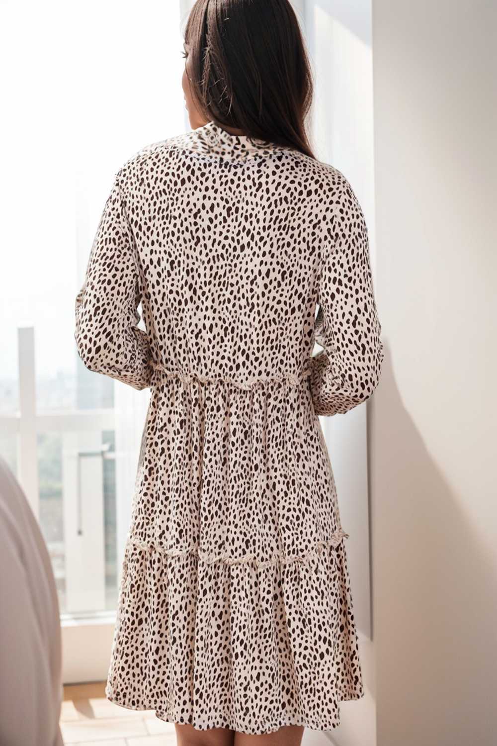 loose leopard print v neck dress drop shoulder a line closed cape paneled 133193