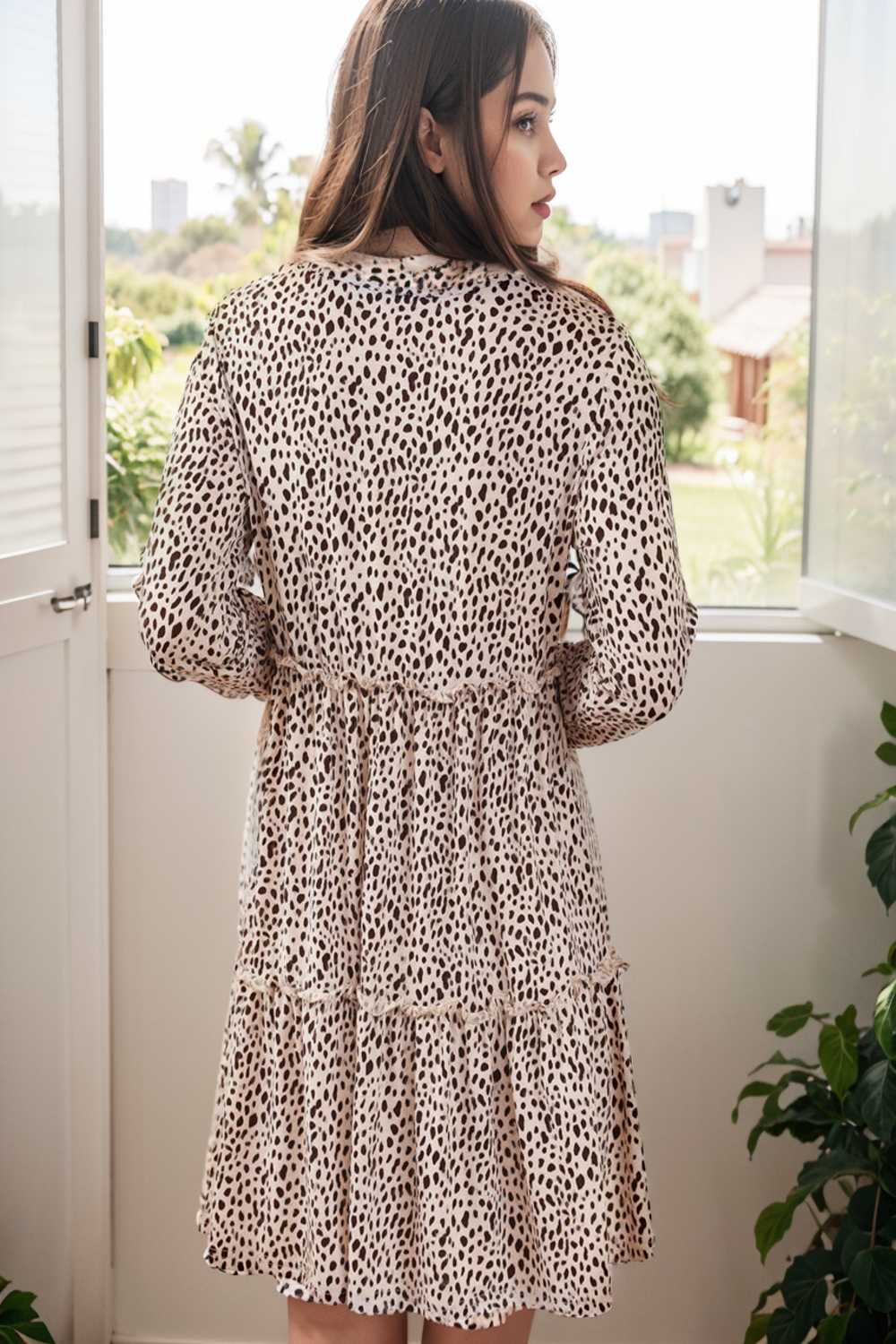 loose leopard print v neck dress drop shoulder a line closed cape paneled 127183