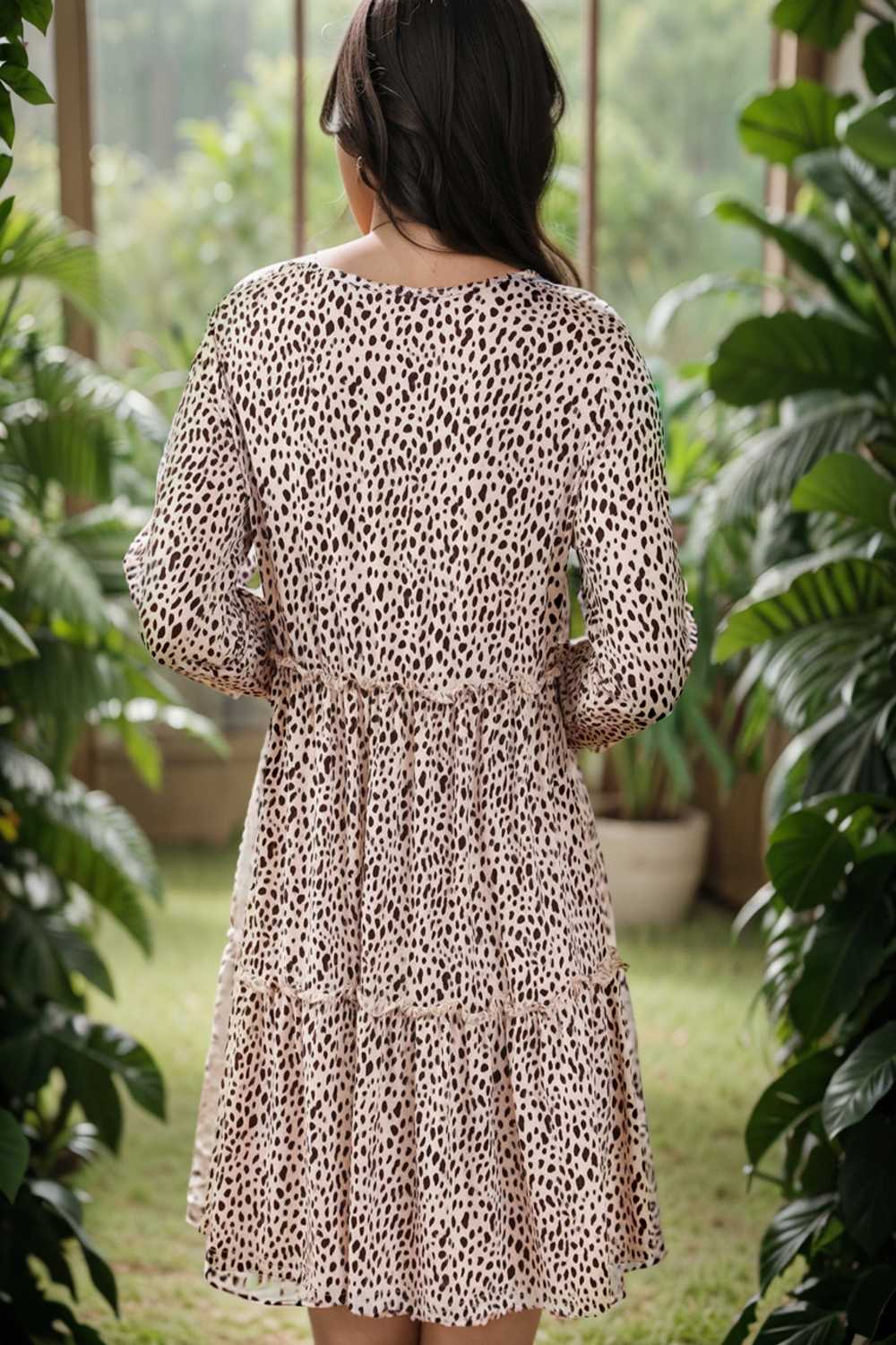 loose leopard print v neck dress drop shoulder a line closed cape paneled 115575