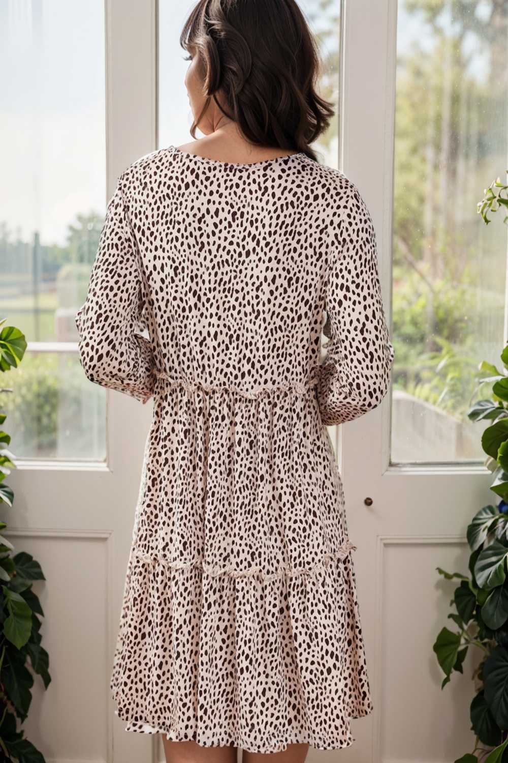 loose leopard print v neck dress drop shoulder a line closed cape paneled 141717