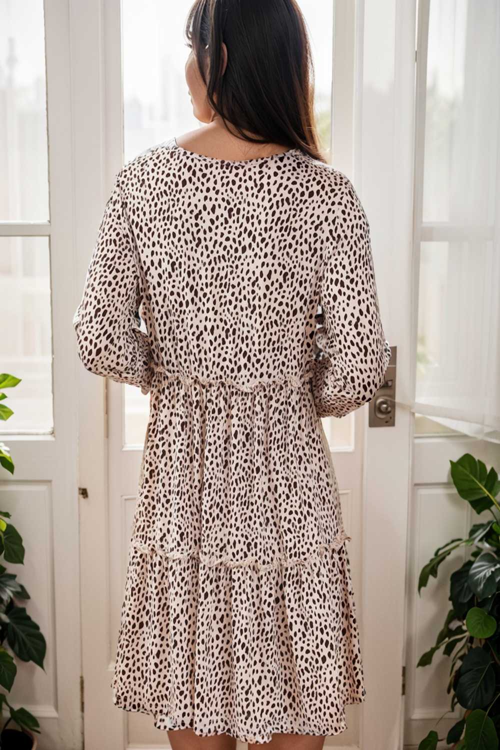 loose leopard print v neck dress drop shoulder a line closed cape paneled 115574