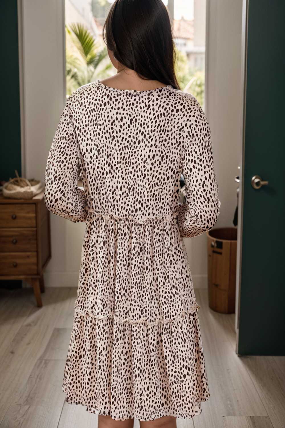 loose leopard print v neck dress drop shoulder a line closed cape paneled 133338