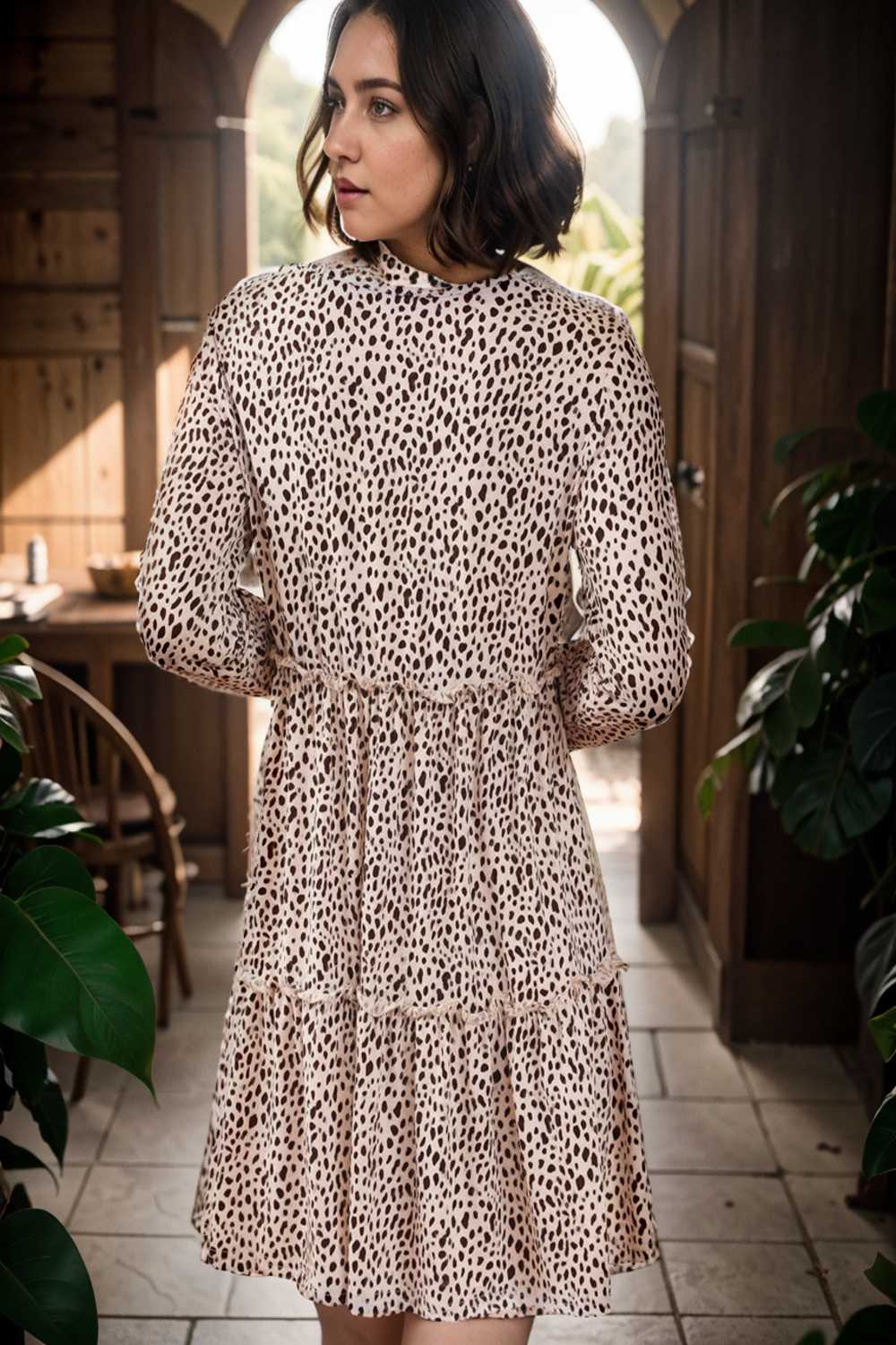 loose leopard print v neck dress drop shoulder a line closed cape paneled 105061