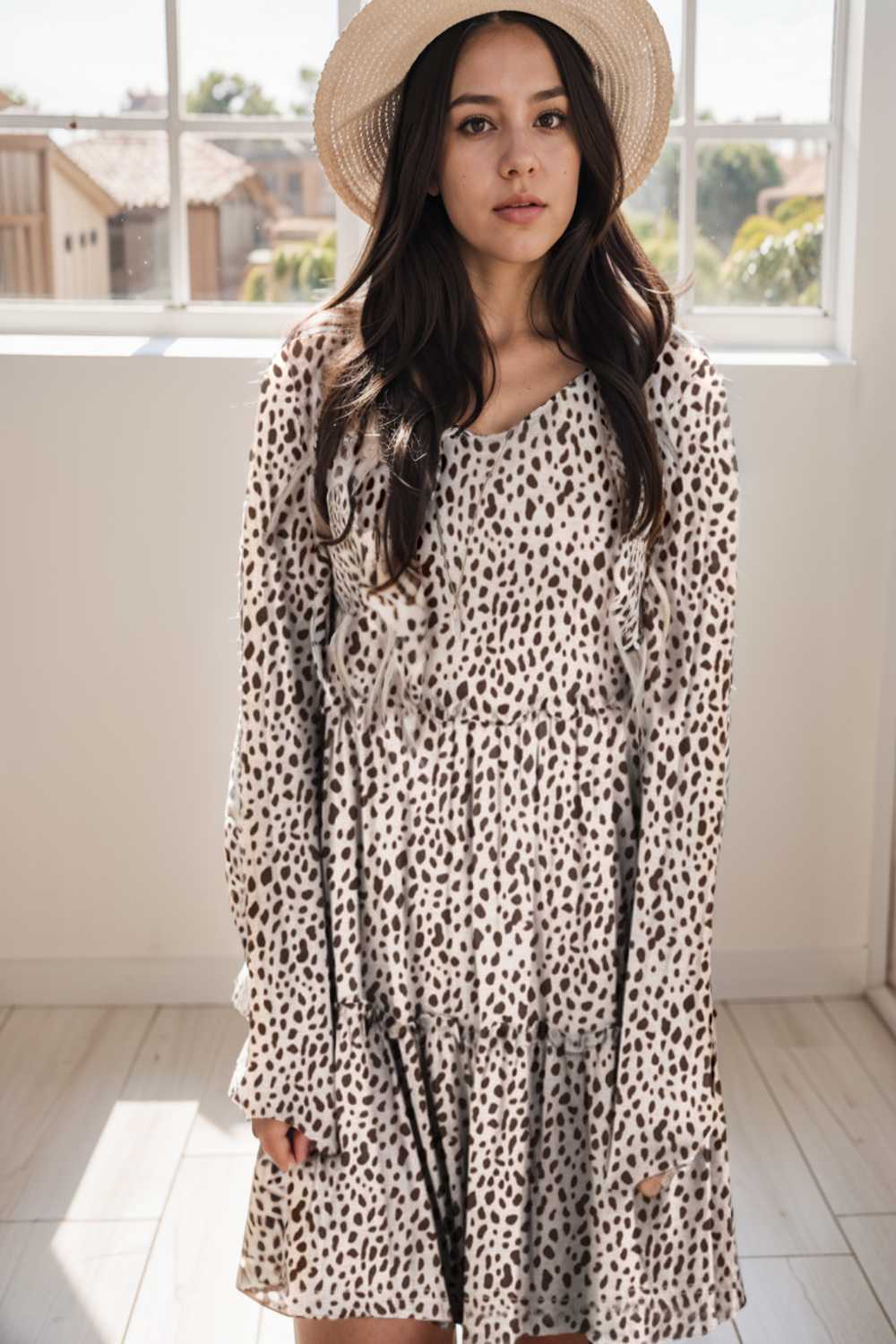 loose leopard print v neck dress drop shoulder a line closed cape paneled 129664