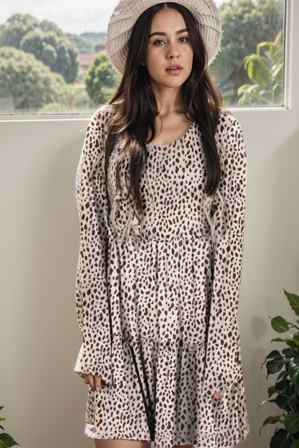 loose leopard print v neck dress drop shoulder a line closed cape paneled 127554