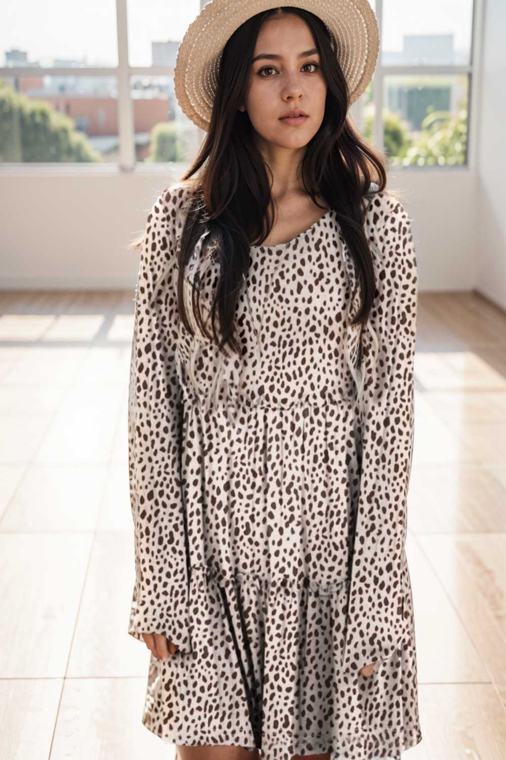 loose leopard print v neck dress drop shoulder a line closed cape paneled 133192