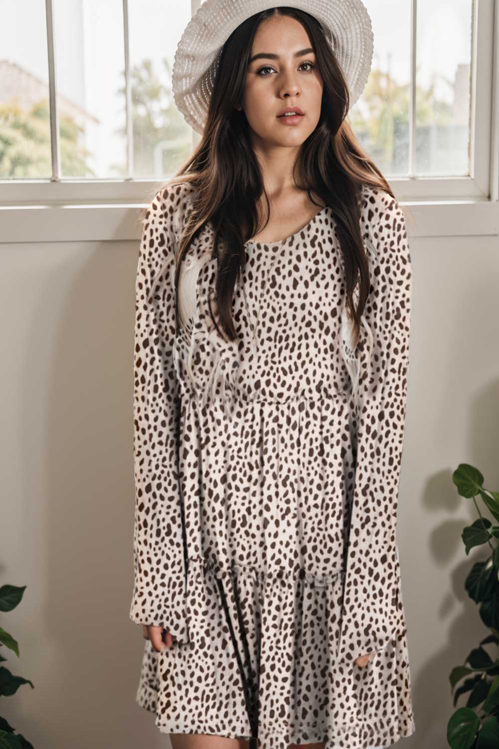 loose leopard print v neck dress drop shoulder a line closed cape paneled 127182