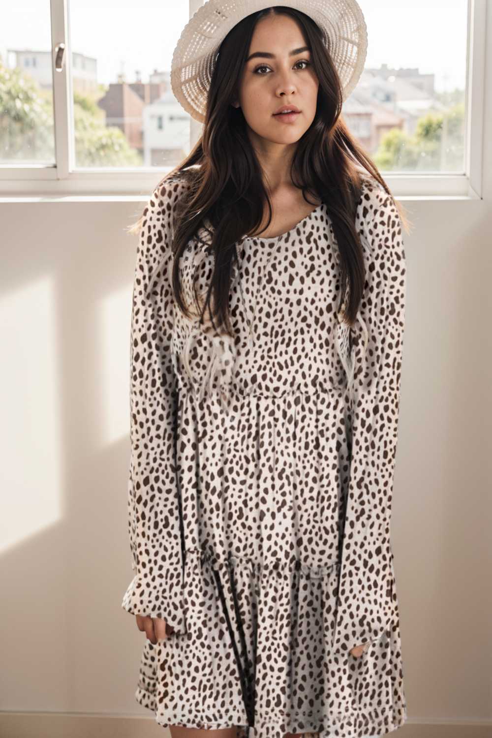 loose leopard print v neck dress drop shoulder a line closed cape paneled 110059