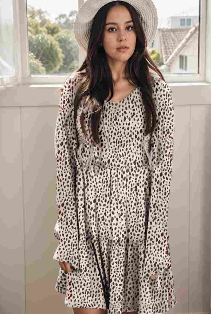 loose leopard print v neck dress drop shoulder a line closed cape paneled 130224
