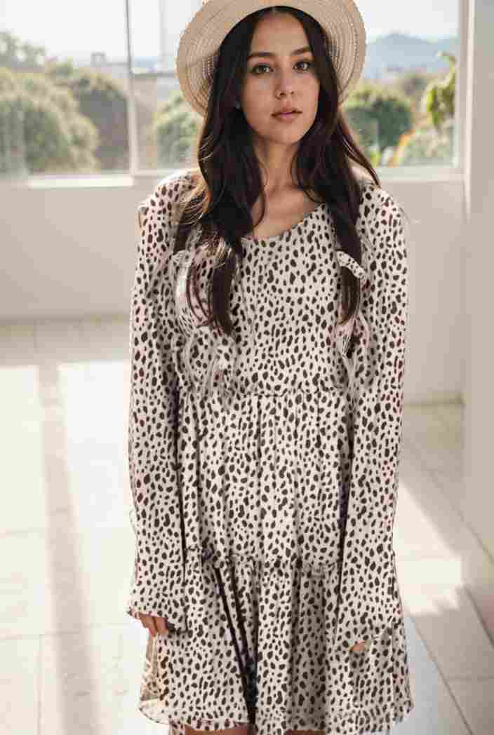 loose leopard print v neck dress drop shoulder a line closed cape paneled 118812