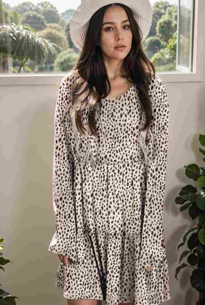 loose leopard print v neck dress drop shoulder a line closed cape paneled 131190