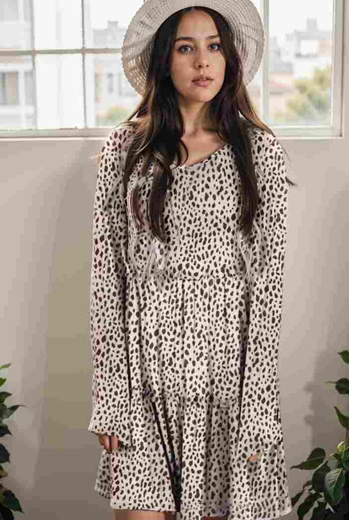 loose leopard print v neck dress drop shoulder a line closed cape paneled 131344