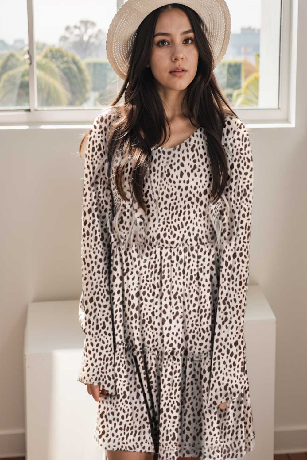 loose leopard print v neck dress drop shoulder a line closed cape paneled 105151