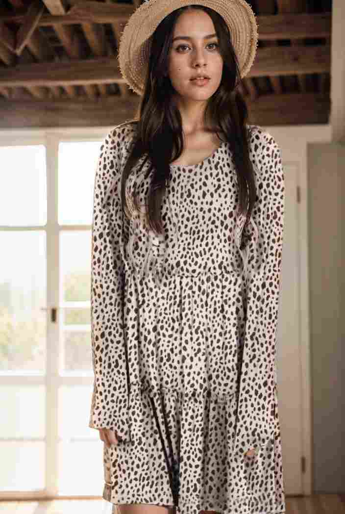 loose leopard print v neck dress drop shoulder a line closed cape paneled 131189