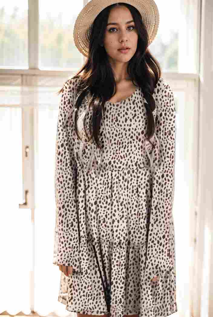 loose leopard print v neck dress drop shoulder a line closed cape paneled 131188