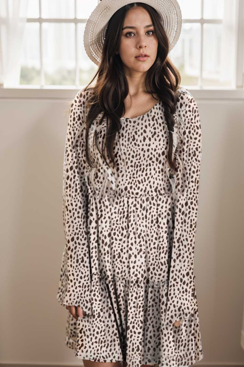 loose leopard print v neck dress drop shoulder a line closed cape paneled 115569