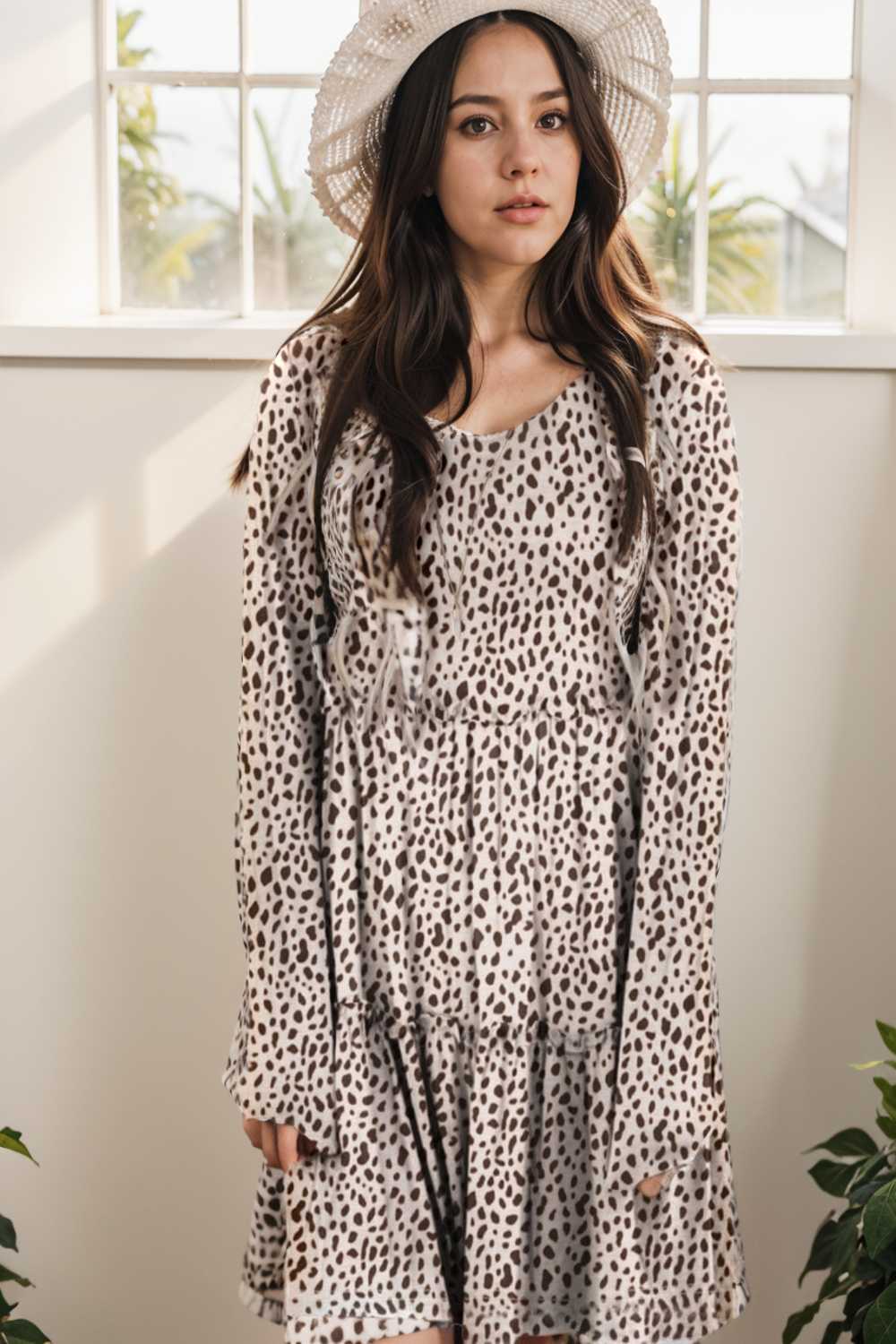 loose leopard print v neck dress drop shoulder a line closed cape paneled 133189
