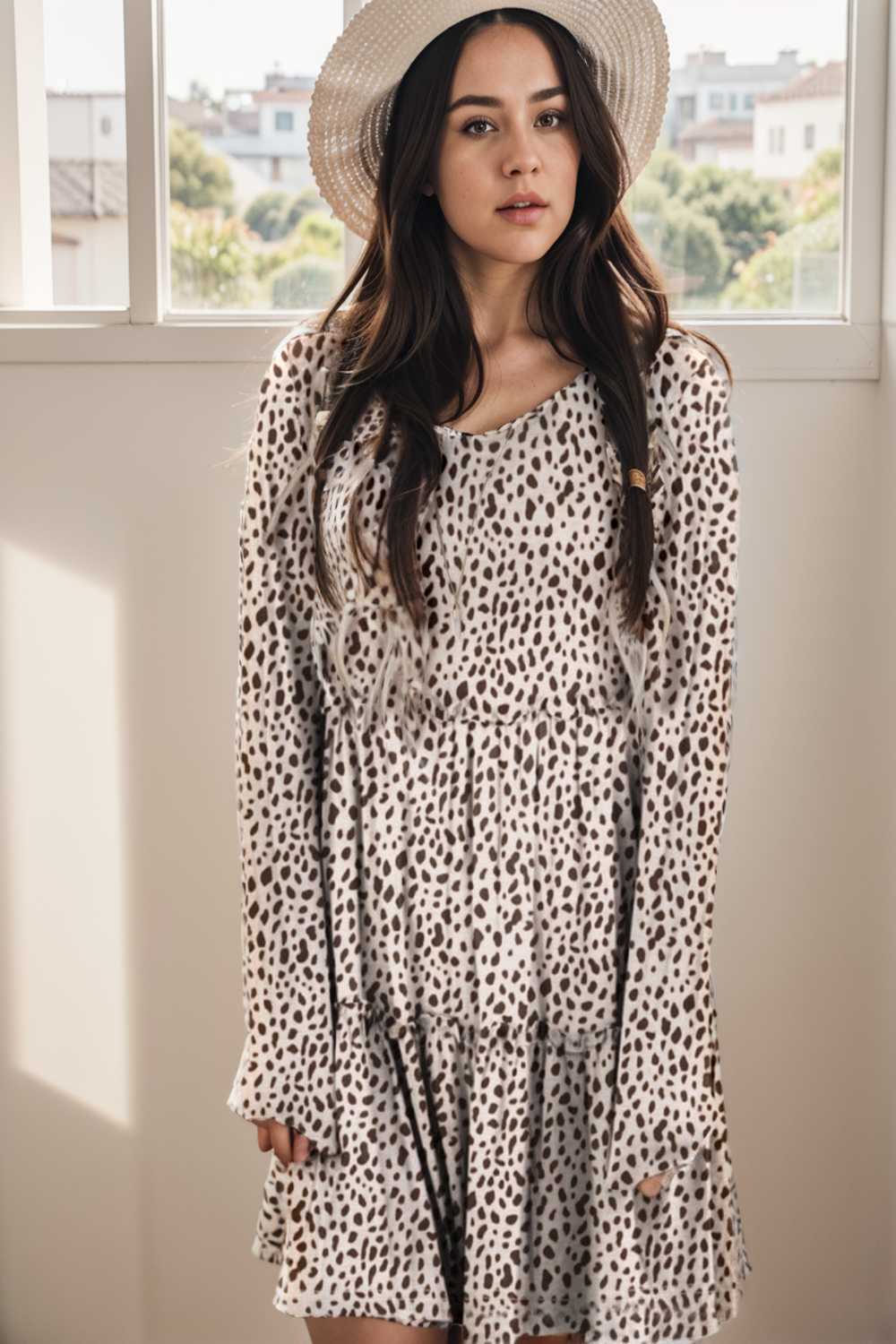 loose leopard print v neck dress drop shoulder a line closed cape paneled 127551