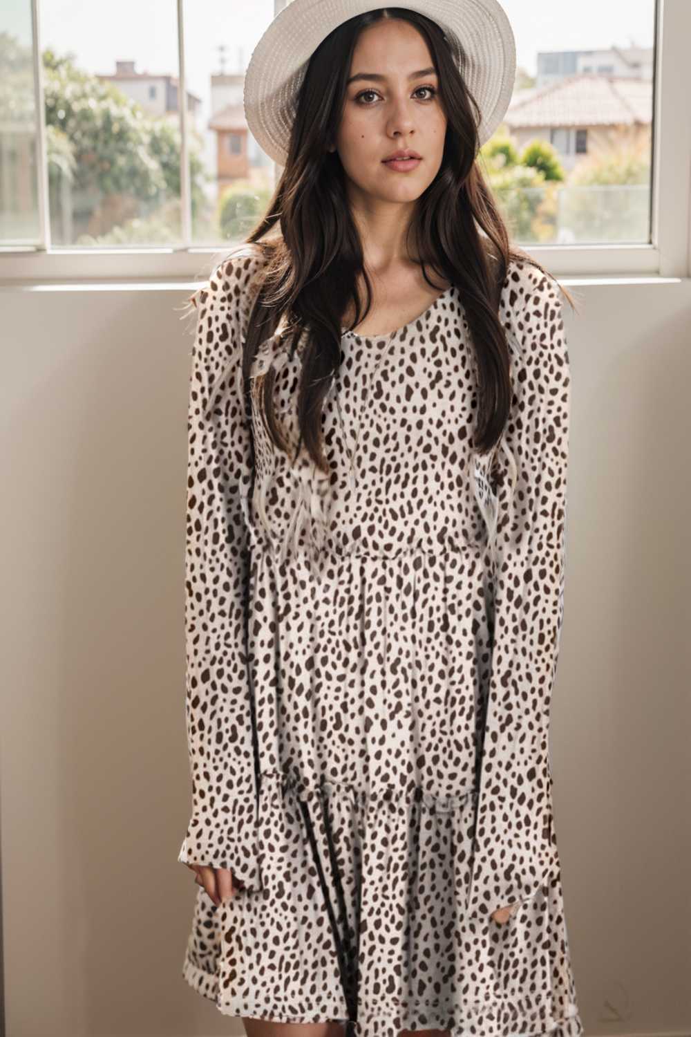 loose leopard print v neck dress drop shoulder a line closed cape paneled 115567