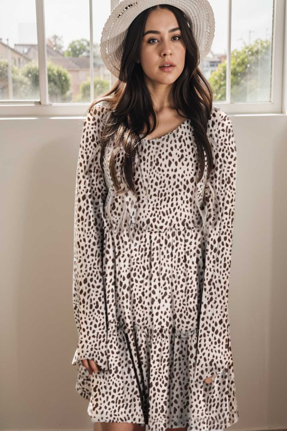 loose leopard print v neck dress drop shoulder a line closed cape paneled 127178