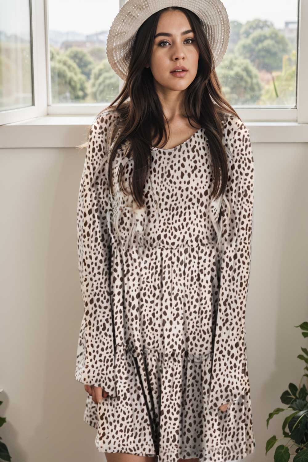 loose leopard print v neck dress drop shoulder a line closed cape paneled 127550
