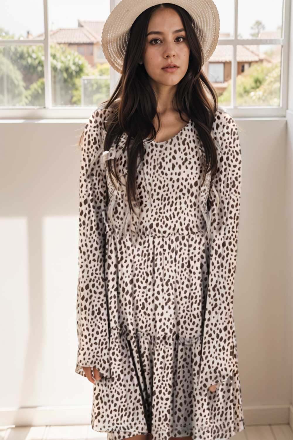 loose leopard print v neck dress drop shoulder a line closed cape paneled 115566