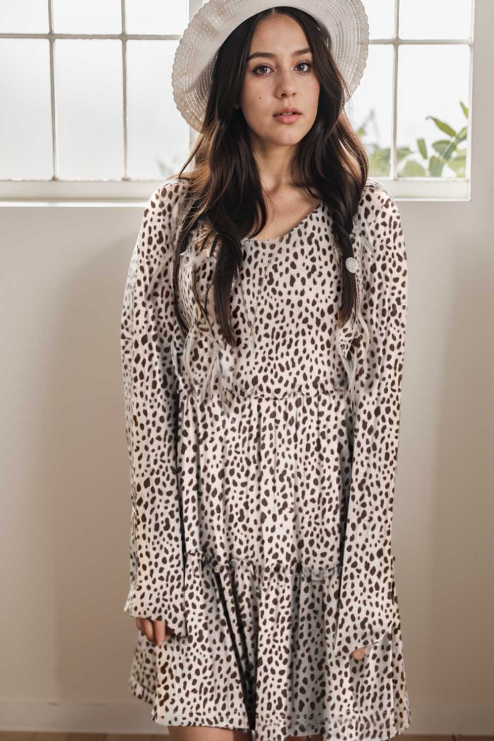loose leopard print v neck dress drop shoulder a line closed cape paneled 133187