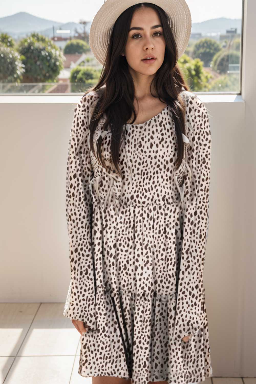 loose leopard print v neck dress drop shoulder a line closed cape paneled 127177