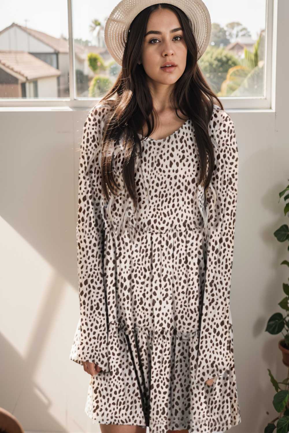 loose leopard print v neck dress drop shoulder a line closed cape paneled 127176