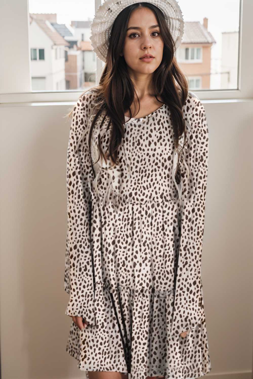 loose leopard print v neck dress drop shoulder a line closed cape paneled 115565