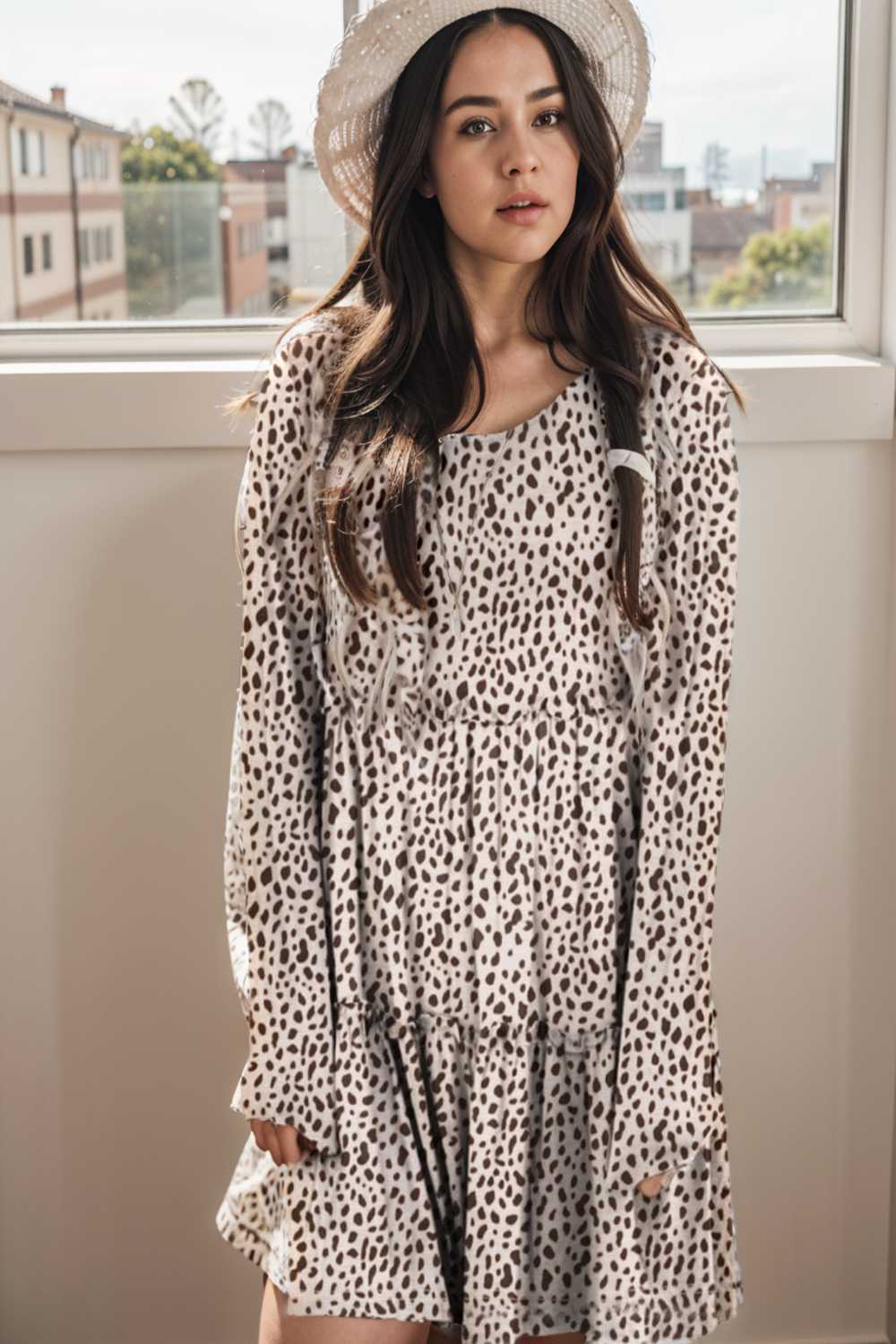 loose leopard print v neck dress drop shoulder a line closed cape paneled 127175