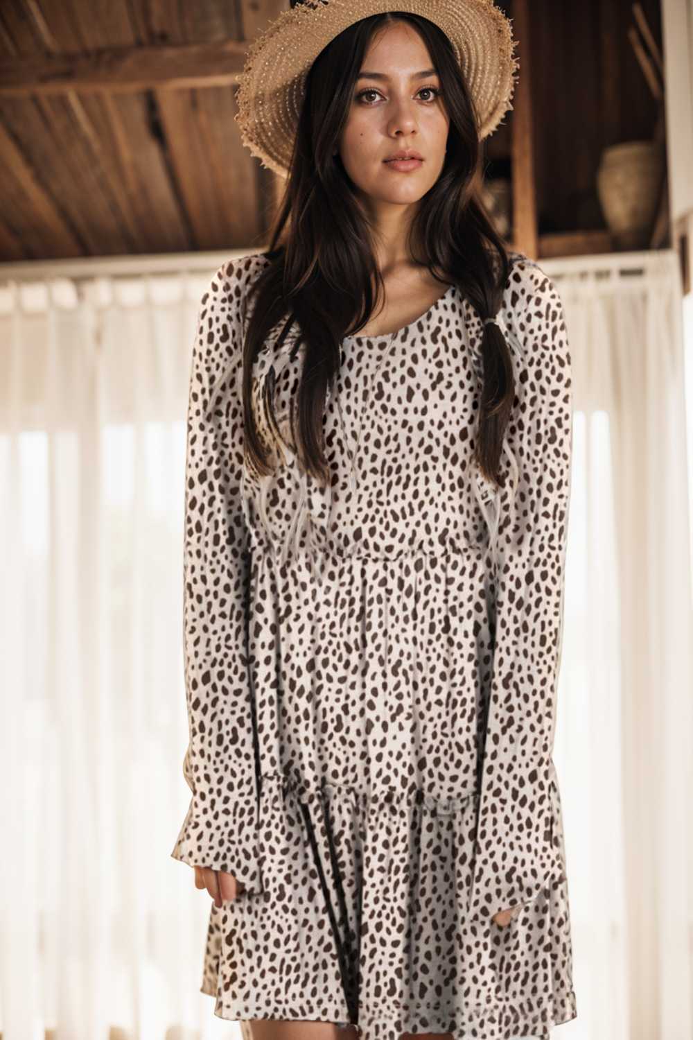 loose leopard print v neck dress drop shoulder a line closed cape paneled 105145