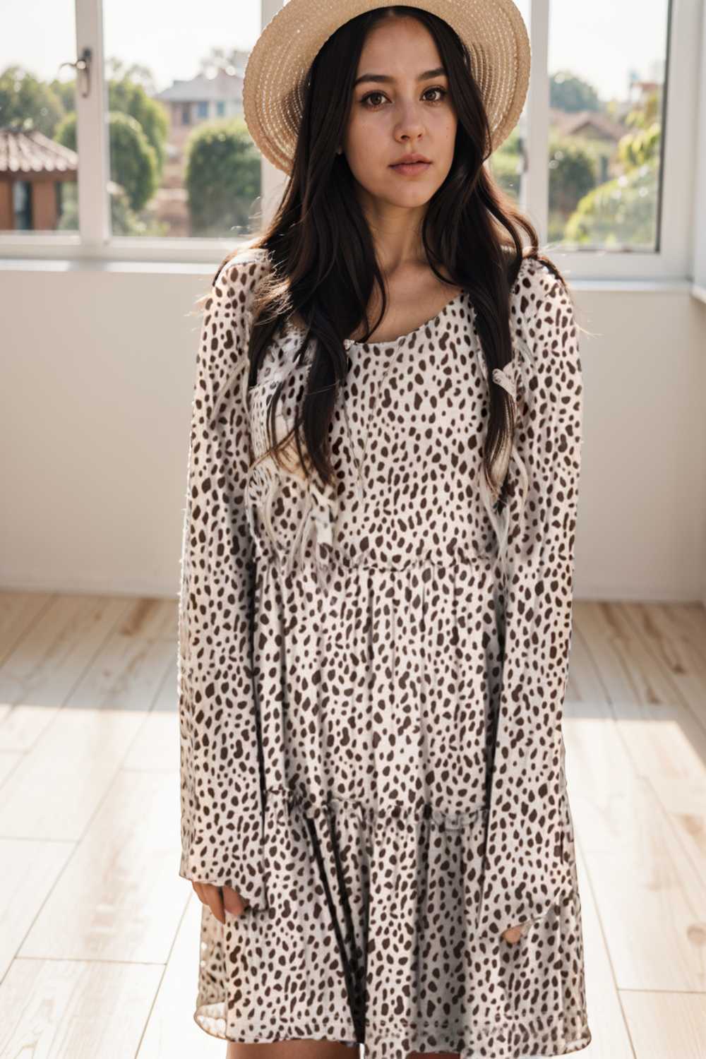 loose leopard print v neck dress drop shoulder a line closed cape paneled 133184