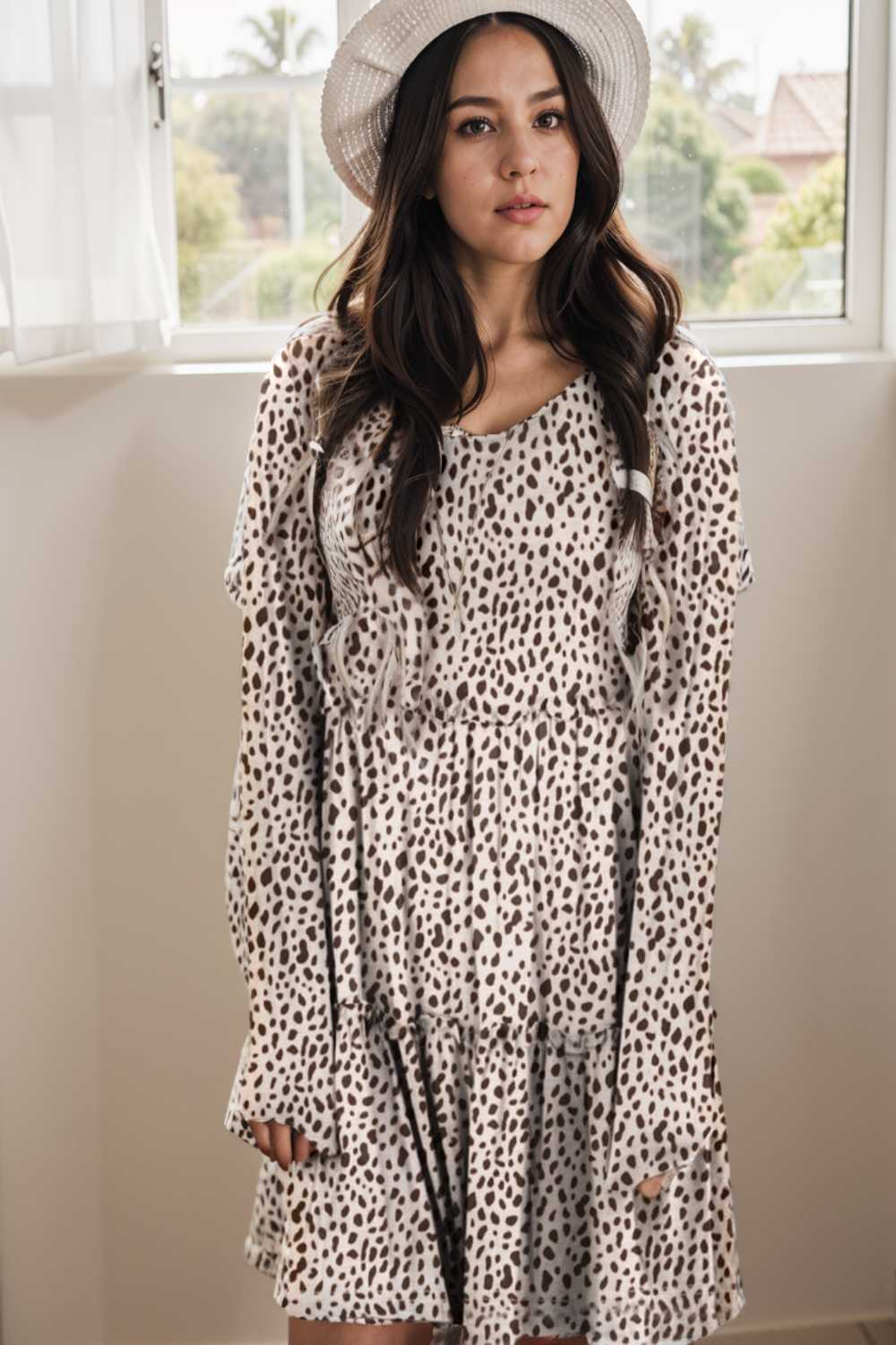 loose leopard print v neck dress drop shoulder a line closed cape paneled 133183